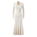 Robe longue tricotée blanche pour femmes, début du printemps, nouvelle collection française élégante, col en v, manches longues, 20224, 5230399 - Image 2
