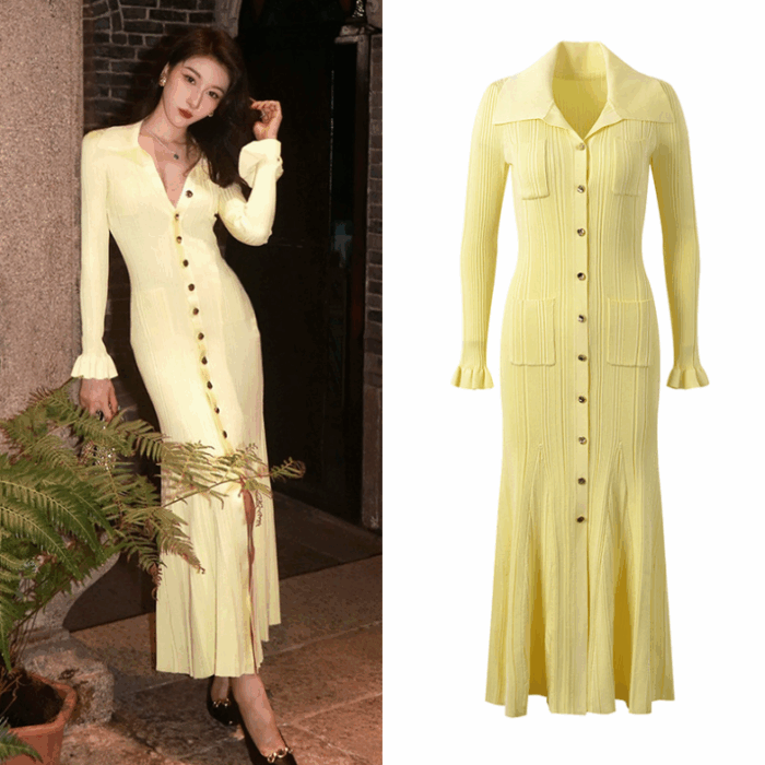 Elegant Cream Yellow Knitted Dressr 2024 Women Slim Long Sleeved Luxury Dresses 5240072