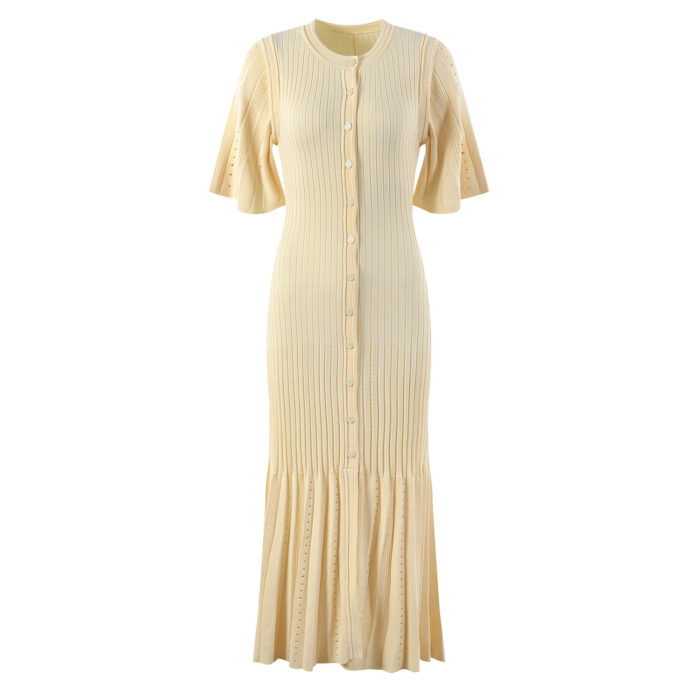 Newest Summer Unique Hot Knitted Dress Women Short Sleeve Single Row Button Slim Mermaid Dresses High Quality 5230191 - Image 2