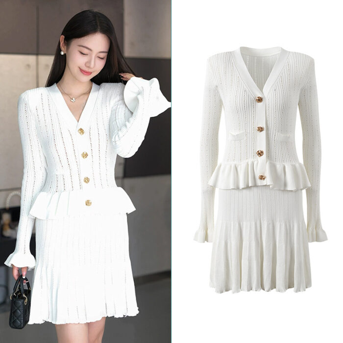 Pure White Temperament Dress Hollow Fake Two-piece Knitted Mini Dresses 5240144