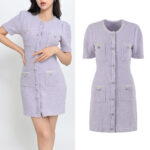 Purple Diamonds Buttons Knitting Dress Women Short Sleeve Elegance Mini Dresses High Quality 5230161