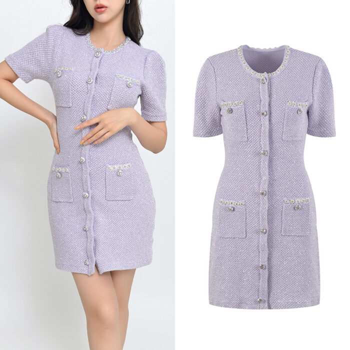 Purple Diamonds Buttons Knitting Dress Women Short Sleeve Elegance Mini Dresses High Quality 5230161