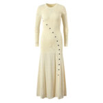 Women Metal Diagonal Buckle Mid-Length Dress Spring 2024 New Lady O-Neck Long Sleeve Thread Slit Hem Slim Long Robe 5230463 - Image 2