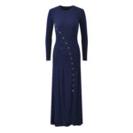 Women Metal Diagonal Buckle Mid-Length Dress Spring 2024 New Lady O-Neck Long Sleeve Thread Slit Hem Slim Long Robe 5230463 - Image 4
