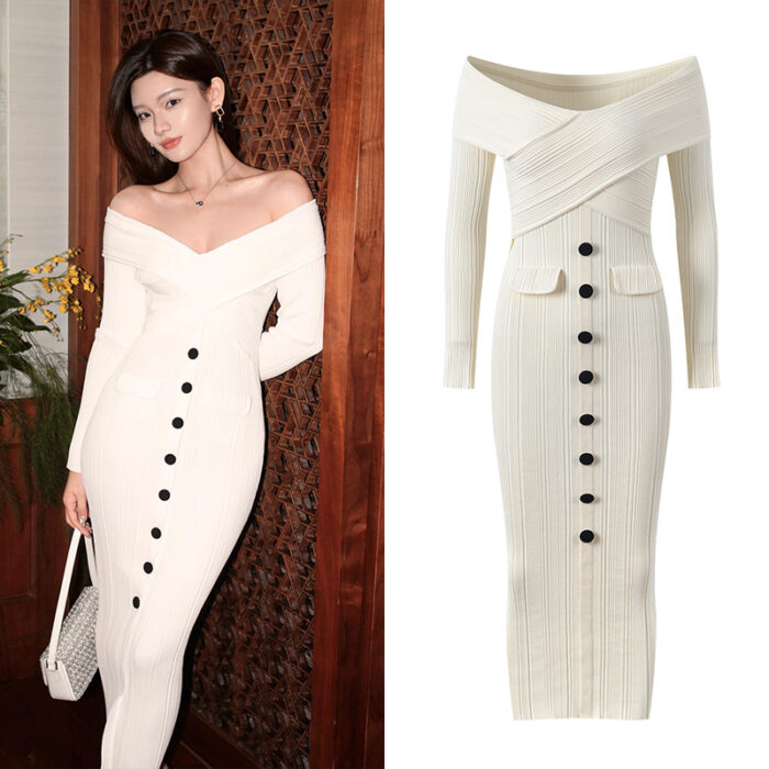 Robe tricotée Sexy et Slim à col Slash, nouvelle robe de styliste à manches longues et boutons, 20224, 5240246