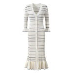 Stripes Knited Mid-Calf Dress Women 2025 Early Spring Lady V-Neck Single Breasted Slim Elegance Dress 5240361 - Image 2