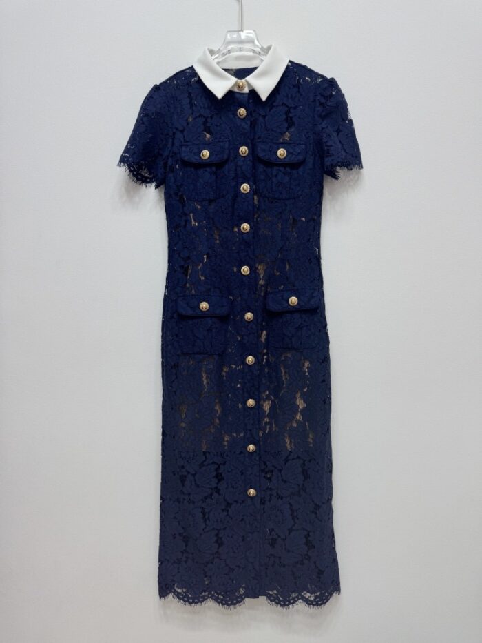 Dark Blue Lace Dress Women New 2025 Fashion Elegant Short Sleeve Single-breasted Party Bodycon Dresses 52510056 - Image 2
