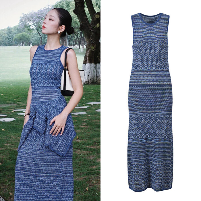 Blue Wave Pattern Knited Dress Women 2025 Summer New Fashion Hollow Out Sleeveless Female Slim Dresses 5250130