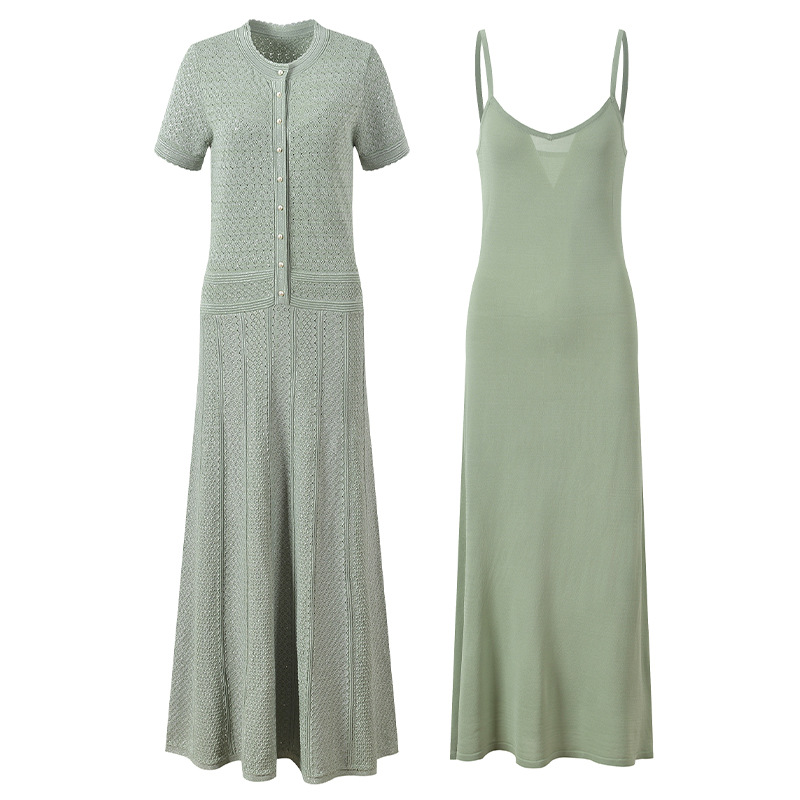 Green Hollow Out Knitting Long Dress Women 2025 New Fashion Elegant Short Sleeve Slim Floorr Length Dresses 5250084 - Image 5
