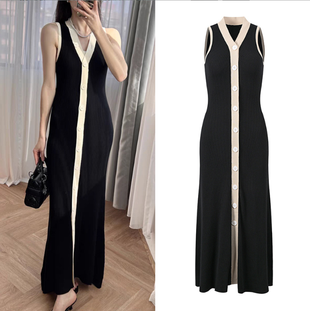 Women Contrast Color V-Neck Slim Mid-Length Dress Spring New Ladies Sleeveless Single Breasted Knit Long Robe 5240007