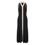 Women Contrast Color V-Neck Slim Mid-Length Dress Spring New Ladies Sleeveless Single Breasted Knit Long Robe 5240007 - Image 2