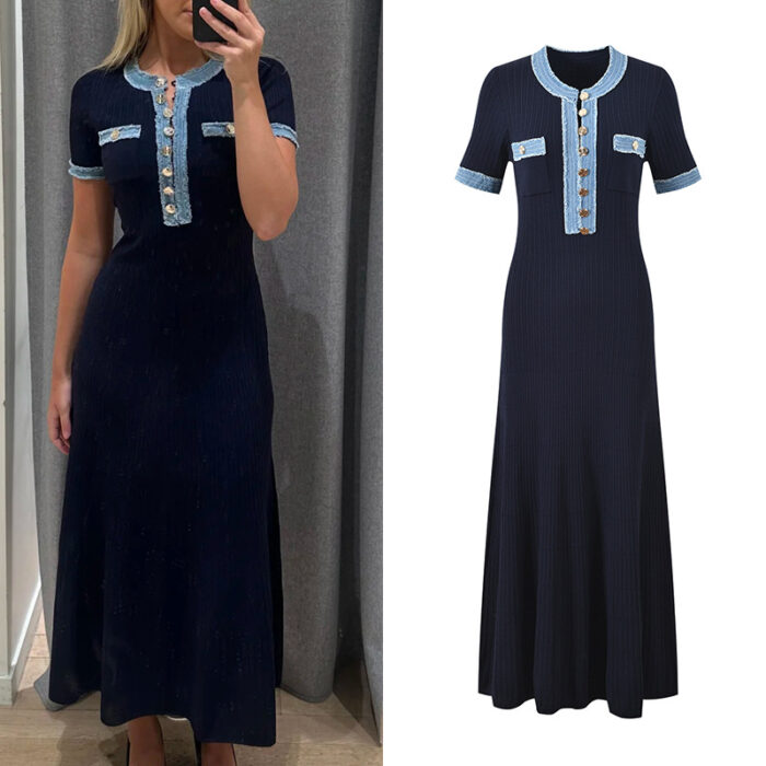 Denim Patchwork Dress Women's 2024 Spring Slim Knitted Elegant Evening Birthday Party Maxi Dress 5230474