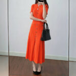 Orange Single-breasted Knitted Long Dress Women 2025 Spring Summer New Fashion O-Neck Elegant Slim Short-sleeved Dresses 5250109