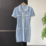 Blue Knitted Mini Dress Women New Arrive Turn-Down Collor Short Sleeve Single Breasted Lady Dress 5230052 - Image 2