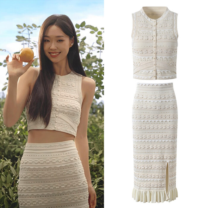 Hollow out Flower Knitted Skirt Set Women 2025 Summer New Vest top+ Slit High-waisted Skirt Two Piece Set 5250051