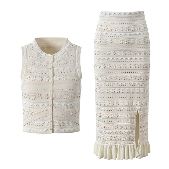 Hollow out Flower Knitted Skirt Set Women 2025 Summer New Vest top+ Slit High-waisted Skirt Two Piece Set 5250051 - Image 5
