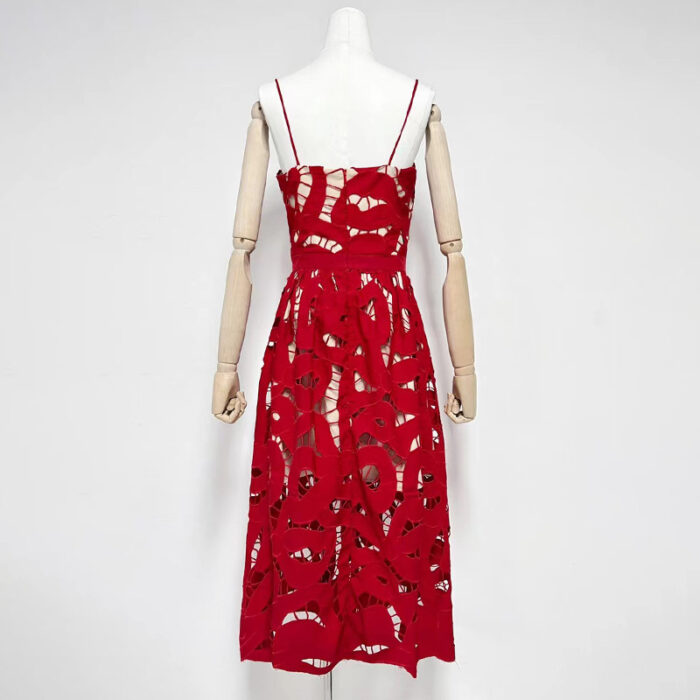 Red Sexy Hollow Out Strapless Dress Women Summer New Elegant Square Neck Sleeveless High Waist Long Dress Female - Image 3