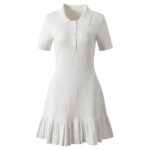 White Polo Collar Mini Knited Dress Women 2025 Early Autumn New Fashion Casual Short Sleeve Pleated Short Dress 5250188 - Image 2