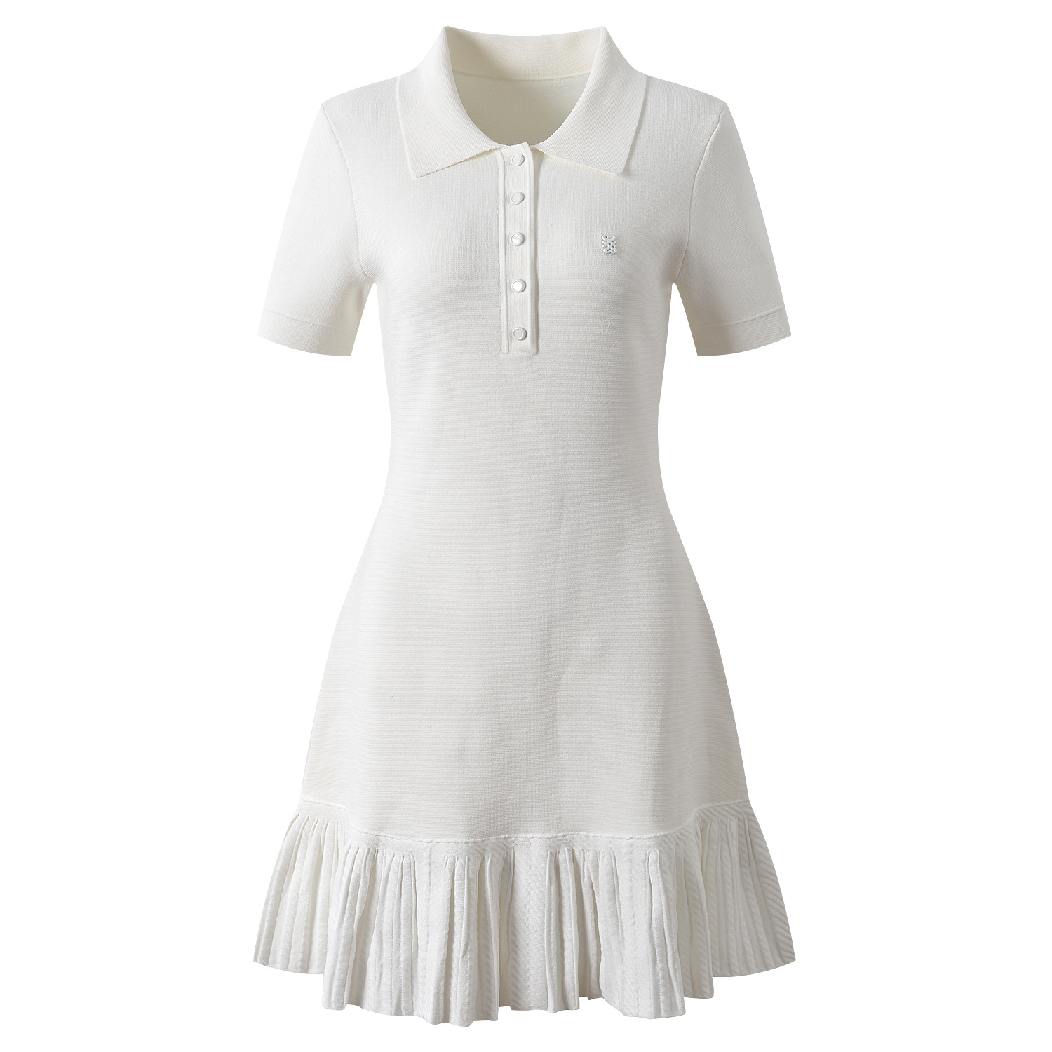 White Polo Collar Mini Knited Dress Women 2025 Early Autumn New Fashion Casual Short Sleeve Pleated Short Dress 5250188 - Image 2