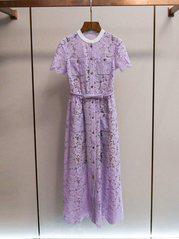 Purple Floral Lace Long Dress Women 2025 Summer New Fashion Elegant Short Sleeve Midi Dress 52510063 - Image 2