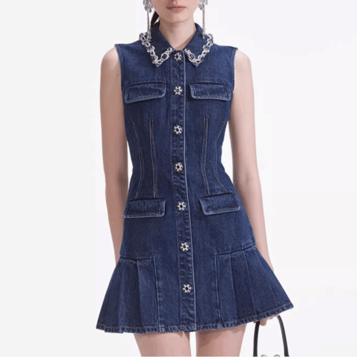 Denim Blue Mini Dress 2025 Women Spring/Summer New Handmade Diamond Embellished Lapel Sleeveless Retro Dress 5254883