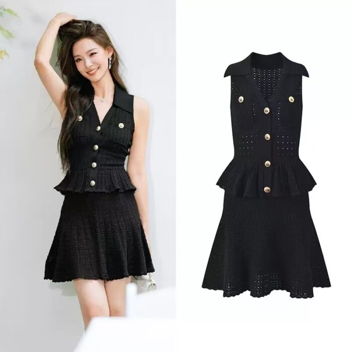 Black Hollow-out Knited Mini Dress Women 2025 Summer New Fashion Elegant Sleeveless Ruffle Slim Dress 5250151