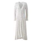 White Pearls Ruffle Knit Dress Women 2025 Spring Hollow Out V-Neck Flared Sleeve Single Breasted Mid-Calf Dresses 5250015 - Image 2