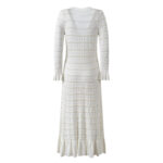 White Pearls Ruffle Knit Dress Women 2025 Spring Hollow Out V-Neck Flared Sleeve Single Breasted Mid-Calf Dresses 5250015 - Image 3