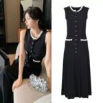 Black Crochet Flower Long Knitted Dress Women 2025 Early Spring New Elegant Sleeveless Slim Dress 5250014