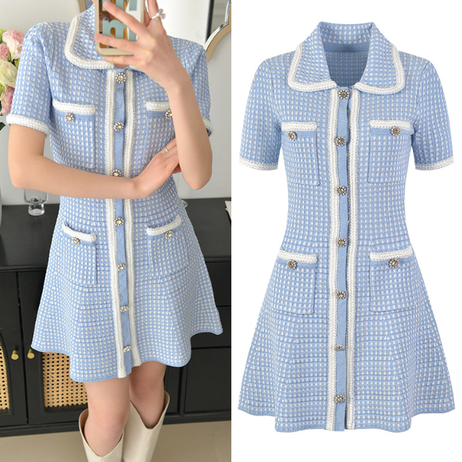 Blue Knitted Mini Dress Women New Arrive Turn-Down Collor Short Sleeve Single Breasted Lady Dress 5230052