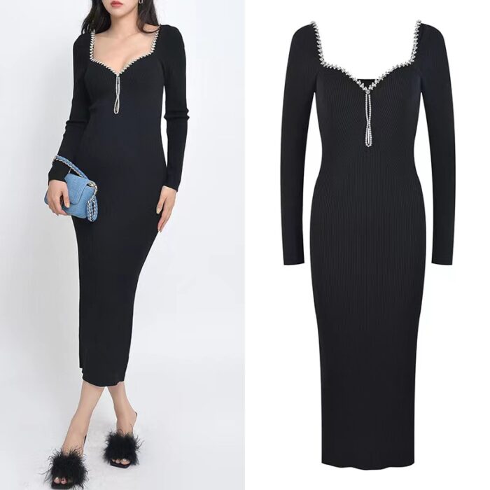 Black Cutout Dress New 2024 Women's Fashion Crystal Long Sleeve V Neck Dress 5230164