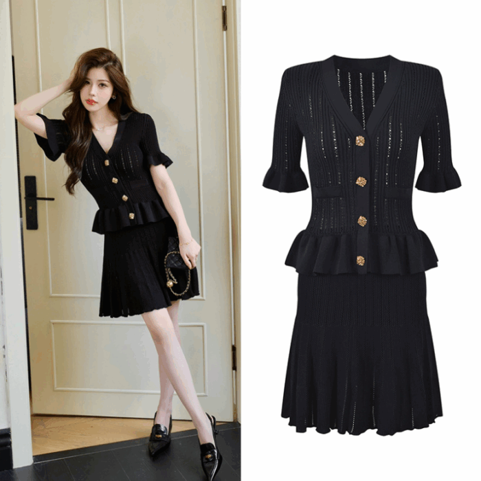 Black Mini Dress Women 2024 New Fashion Elegant V-neck Temperament Hollow Knited Dresses 5240145