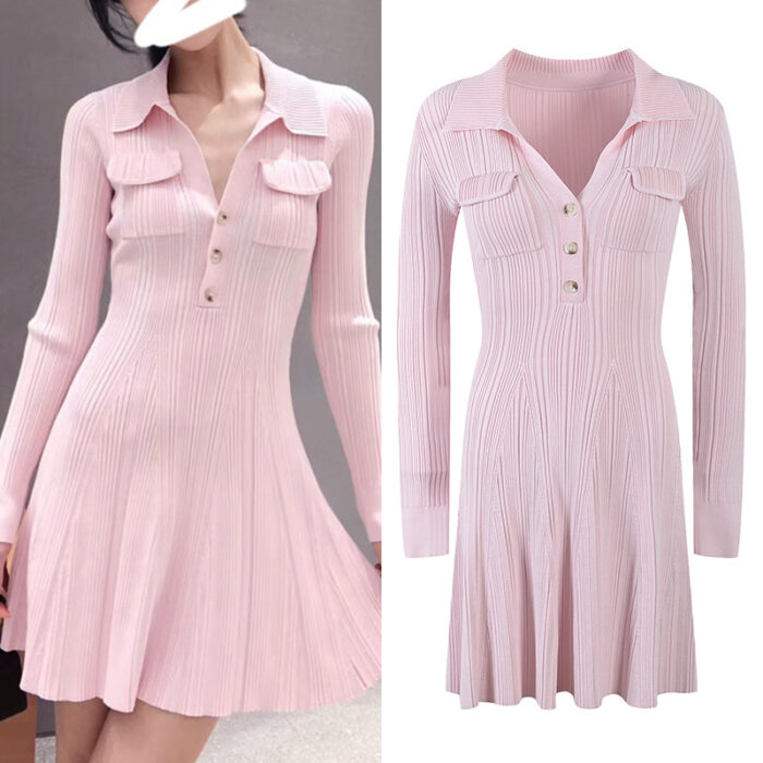 Sweet Pink Gentle Wind Knitted Dress A-line Short Dress Long Sleeve V-neck Dress Women 2023 Early Spring New 5220645