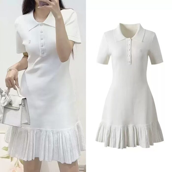 White Polo Collar Mini Knited Dress Women 2025 Early Autumn New Fashion Casual Short Sleeve Pleated Short Dress 5250188