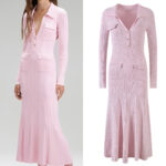 Puff Sleeve V-neck Knitted Dress 2023 spring pink New Commuter Midi Skirt High Waist Slim Fit Sexy Dresses 5220643
