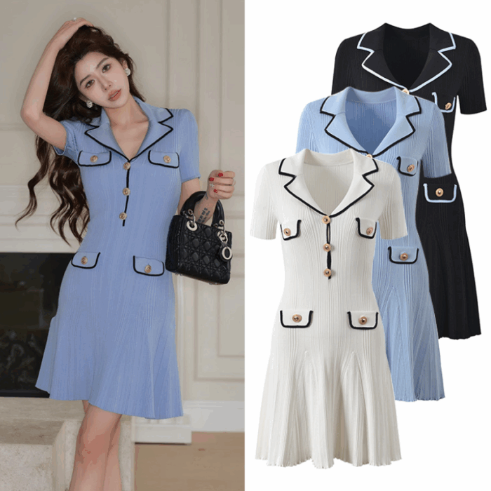 Blue Short Sleeve Mini Knitted Dress Women 2025 Spring Summer New Fashion Colorblock Wear Slim A-Line Dresses 5250019