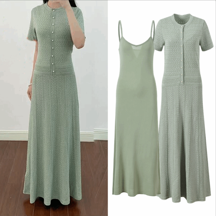 Green Hollow Out Knitting Long Dress Women 2025 New Fashion Elegant Short Sleeve Slim Floorr Length Dresses 5250084
