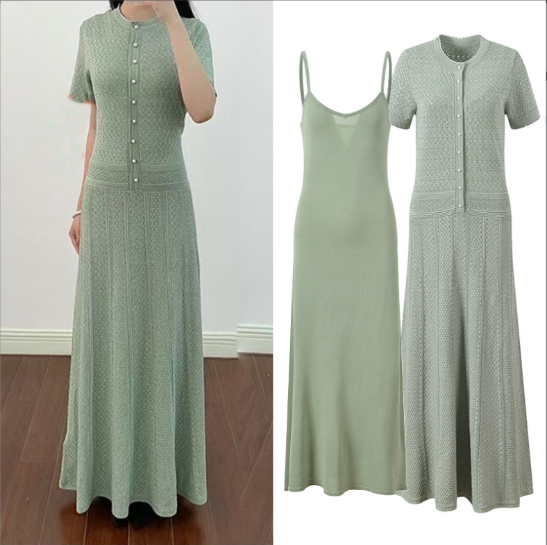 Green Hollow Out Knitting Long Dress Women 2025 New Fashion Elegant Short Sleeve Slim Floorr Length Dresses 5250084