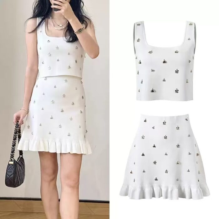White Pendant Knitted Skirt Set Women 2025 Summer New Sleeveless Top+ Mini Half Skirt Elegant Two-piece Suit 5230507