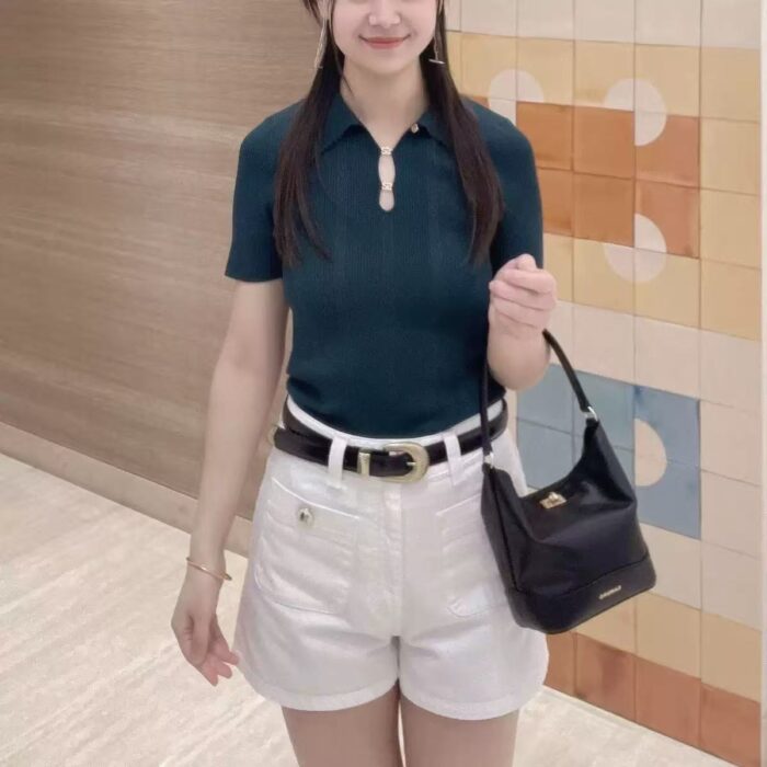 Dark green Threaded Knitted Top Women Fashion Short sleeved Commuting Temperament Polo Neck Slim Sweater 5250241