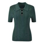 Dark green Threaded Knitted Top Women Fashion Short sleeved Commuting Temperament Polo Neck Slim Sweater 5250241 - Image 2