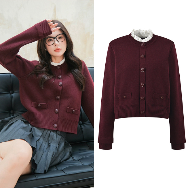 Knitted Cardigan Wine Red Jacket Short Style Detachable Fungus Collar Elegant Commuting S Home 2024 Autumn New Style 5240180
