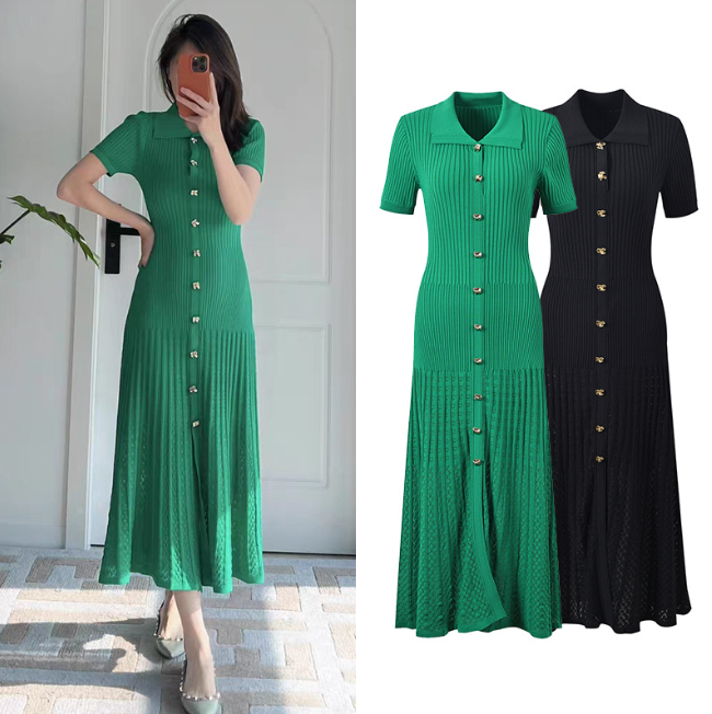 Spring 2024 New Women Temperament Green Dress Turn Down Collar Short Sleeve Ladies Single Breasted Slim Mid-Length Robe 5230486