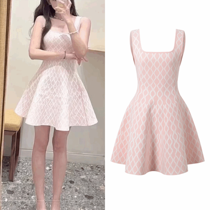 Women's Pink Geometric Jacquard Sleeveless Dress Autumn New Sweet Ladies Slim High-Waisted A-Line Short Robe 5240164