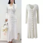 Beige Hollow Out Single Breasted Mid-Length Dress Women's 2025 Early Autumn Fashion Slim V-Neck Dress 5250224