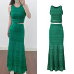 2025 summer new green slim slim temperament fashion round neck sleeveless vest top+skirt suit 5250164