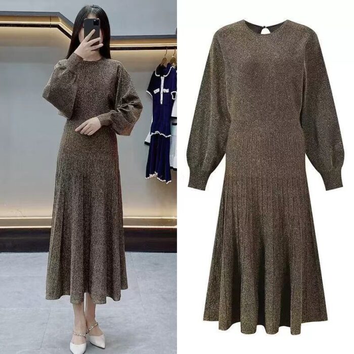 Round-neck Shiny Knitted Dress Women 2025 Autumn New Fashion Long-sleeved Elegant Mid-length Dress 5240224