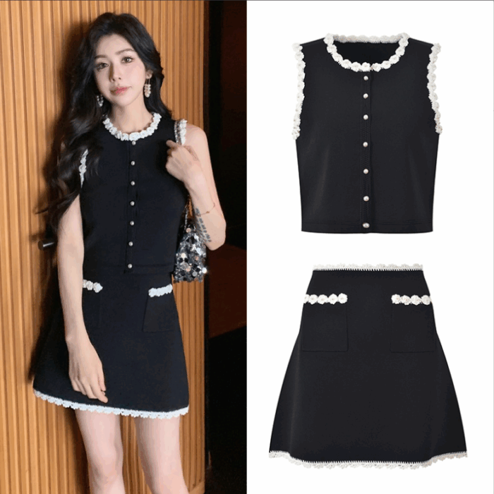 Black Crochet Flower Knited Set Women 2025 Summer New Fashion Elegant Sleeveless Tops +A-line Mini Skirt 5250028