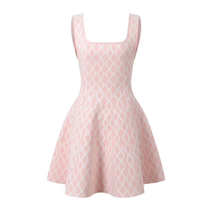 Women's Pink Geometric Jacquard Sleeveless Dress Autumn New Sweet Ladies Slim High-Waisted A-Line Short Robe 5240164 - Image 2