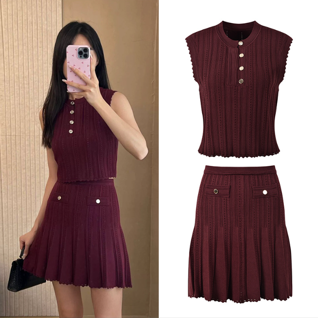 French Short Skirt Set Women's Round Neck Sleeveless Vest Short Knitted Top + Pleated Skirt 2024 New Early Autumn 5240126